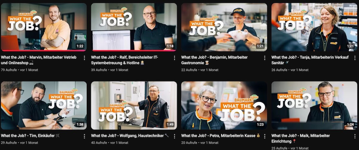 Screenshot: Globus Baumarkt Social-Format What the Job mit Mitarbeiter-Videos