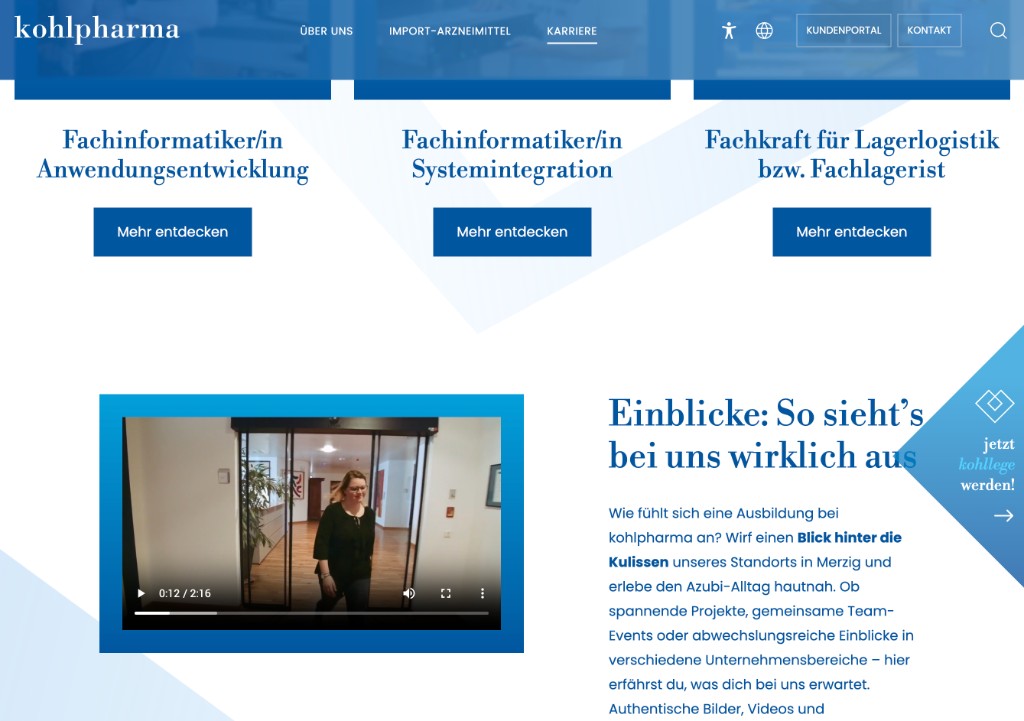Ausbildungsvideo auf der Karriereseite von kohlpharma